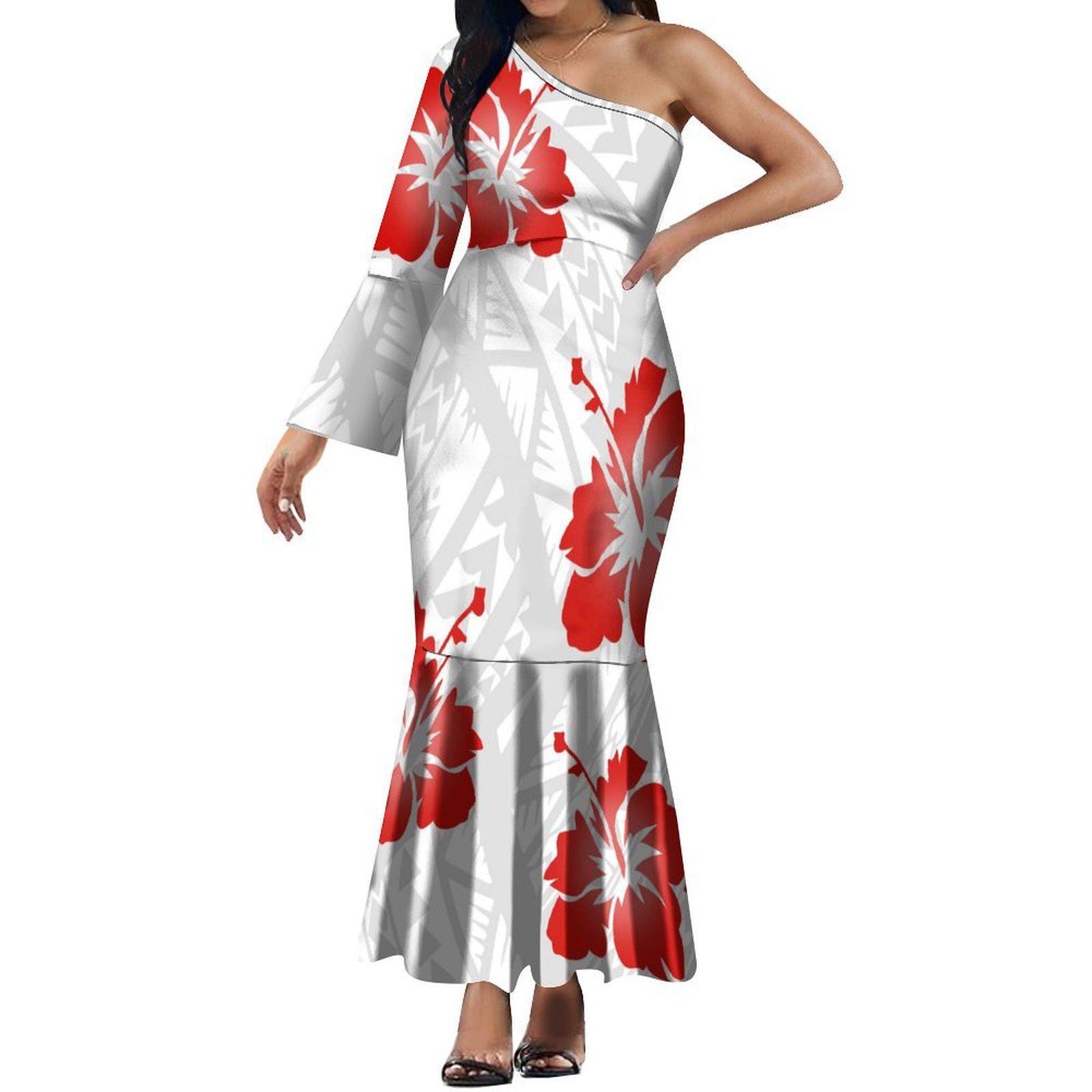 New Summer Polynesian Island Patterns Long Bell Sleeve Maxi Fishtail Dress Customized One Shoulder Bridesmaid Dress
