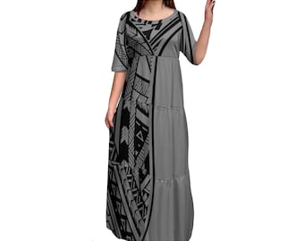 Free shipping Best Price Custom Print Hawaii Dress Half Sleeve Long Ruffles Tiered Polynesian Dress