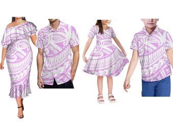 2025 neue Benutzerdefinierte Mode Familie Set Frauen Design Puletasi Kleid Spiel Aloha Männer Shirts Kinder Kleidung 4St
