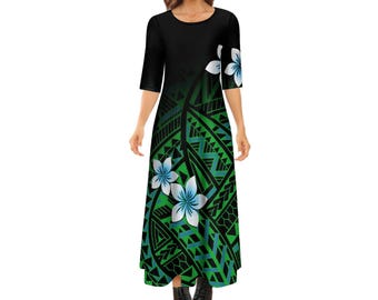 New Hot Sale Polynesian Tribal Print Custom Women Quarter sleeve Crew Neck Ankle Length Casual Hawaii Dress