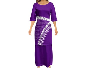 Custom Print Island Dress Samoan Puletasi Polynesian Traditional Dress Vintage Women Two Piece Set