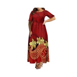 Abito da donna con scollo rotondo e vita alta, stile polinesiano, abito samoano a maniche corte con motivo HD