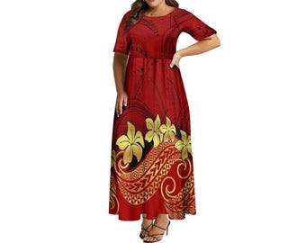 Women's Crew-Neck High-Waisted Dress Polynesian Custom Fashion Samoa Short-Sleeved Dress with Hd Pattern