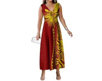 Nuevo vestido de mujer sin mangas con escote en V profundo y estampado personalizado estilo hawaiano. Elegante vestido polinesio para mujer, talla 5XL.