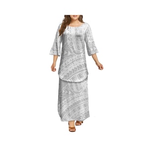 Conjunto de Puletasi Samoa con mangas acampanadas 3/4 personalizado, vestido largo tribal polinesio, top y falda para mujer, conjuntos de 2 piezas