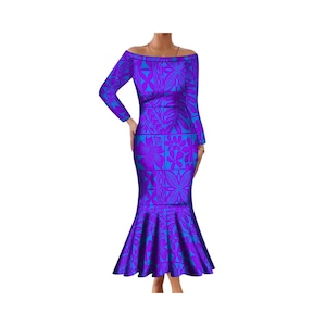 May include: A purple and blue long-sleeved dress with a floral pattern. The dress has an off-the-shoulder neckline and a mermaid skirt.