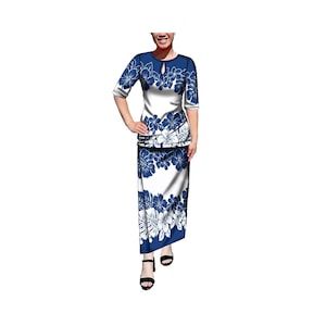 May include: A white and blue floral print dress with a short sleeve top and a long skirt. The dress has a keyhole neckline and a fitted bodice.