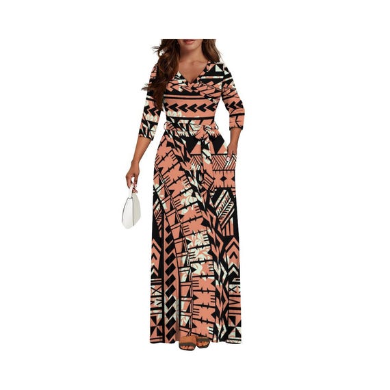 Polynesian Grain Samoa Design Women's Long Skirt V-Neck Long Sleeve Elegant Long Sleeve Dress