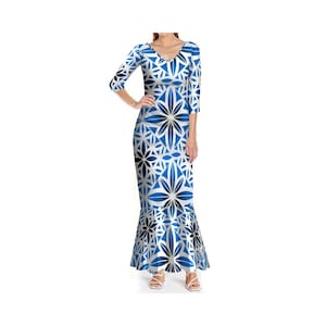 May include: A long, blue and white dress with a geometric pattern. The dress has a V-neck and 3/4 sleeves. The skirt is fitted and flares out at the bottom.