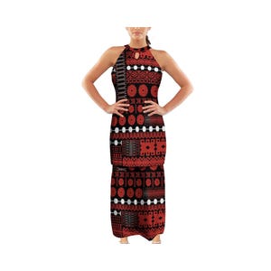May include: A sleeveless maxi dress with a geometric pattern in shades of red, black, and white. The dress has a halter neckline and a keyhole opening at the back.