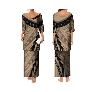 Recién llegado, conjunto de dos piezas con top y falda con cuello en V y estampado tribal polinesio samoano Puletasi personalizado para mujer