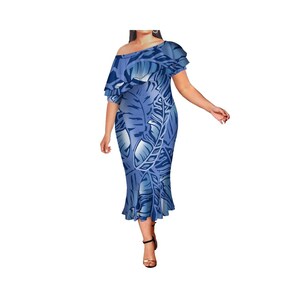 May include: A blue midi dress with a leaf print and a ruffled off-the-shoulder neckline.