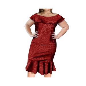 1 MOQ Custom Print Polynesian Big Size Frill Mermaid Dress Fiji Tonga Samoa Hawaii Pleated Ladies Dress With Shawl
