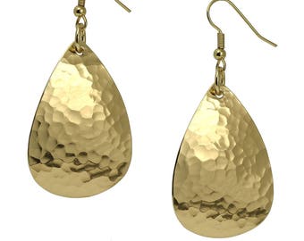 Hammered Gold Teardrop Earrings, Hammered Gold Earrings, Hammered Brass Dangle Earrings, Hammered Gold Drop Earrings, Large Gold Earrings