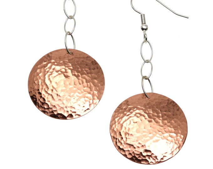 Hammered Copper Disc Drop Earrings 7th Anniversary Gift For Her