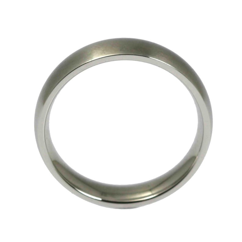 Front-facing product image of a 5mm brushed stainless steel band ring centered against a plain white background. The ring features a matte brushed exterior with a soft silver tone and subtle grain texture. Its edges are gently rounded, and the interior is polished and slightly domed for a comfort fit. Minimalist, unisex wedding band with a clean, sleek, and timeless design suitable for everyday wear.
