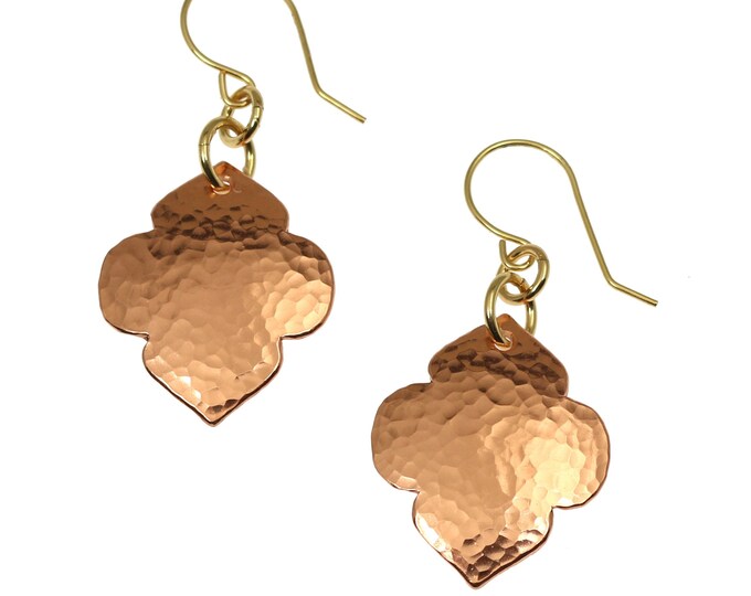 Hammered Copper Quatrefoil Dangle Earrings, Hammered Copper Moroccan Earrings, Copper Arabesque Earrings, 7th Wedding Anniversary Gifts