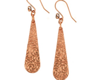 Damask Embossed Long Teardrop Copper Earrings, Damask Copper Moroccan Earrings, Copper Arabesque Earrings, 7th Wedding Anniversary Gifts