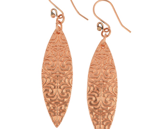 Damask Embossed Marquise Drop Earrings, Damask Copper Moroccan Earrings, Copper Arabesque Earrings, 7th Wedding Anniversary Gifts