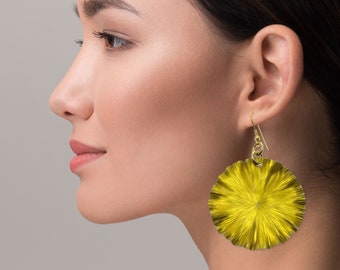 Large Canary Yellow Leaf Earrings, Handmade Anodized Aluminum Lily Pad Drop Dangle, 10th Anniversary Gift Ideas For Her, Boho Floral Jewelry