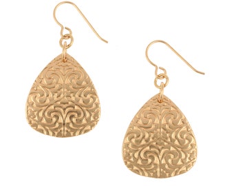 Damask Embossed Triangular Drop Bronze Earrings, Bronze Drop Earrings, Bronze Dangle Earrings, Bronze Earrings, 8th Wedding Anniversary