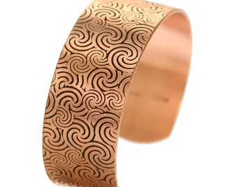 Embossed Wave Copper Cuff Bracelet: Unisex Solid Copper Jewelry