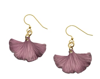 Anodized Aluminum Ginkgo Leaf Earrings: Mauve Purple Dangle