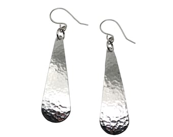 Hammered Long Aluminum Tear Drop Earrings - Silver Tone Earrings - Stylish 10th Anniversary Gifts for Her