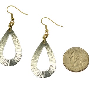 Chased Aluminum Open Teardrop Earrings Compared to a US Quarter Coin for Size