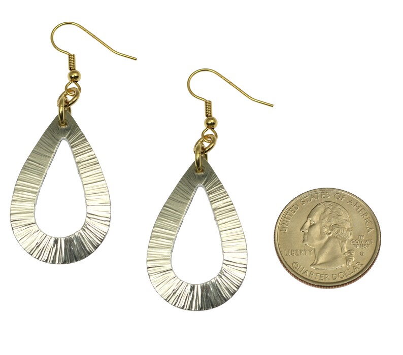 Chased Aluminum Open Teardrop Earrings Compared to a US Quarter Coin for Size