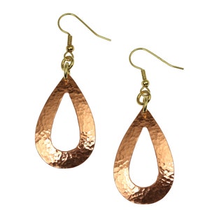 Hammered Copper Teardrop Earrings: Open Design, 14K Gold Wires
