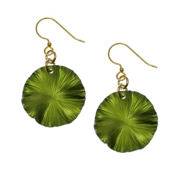 Small Lime Green Anodized Aluminum Lily Pad Leaf Drop Earrings, 10th Wedding Anniversary Gift for Her, Lightweight Bohemian Dangle Earrings