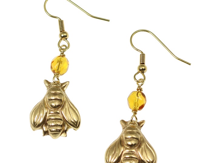Brass Nu Gold Honey Bee Earrings with Amber, Gold Bee Amber Earrings, Honeybee Earrings, Gold Honeybee Earrings, Amber Drop Earrings
