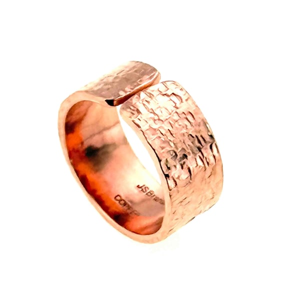 10mm Wide Textured Copper Cuff Ring, Adjustable Cigar Band Ring, Handmade Rustic Unisex Jewelry