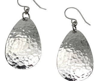 Small Hammered Aluminum Tear Drop Earrings - Silver Tone Earrings - 10 Year Anniversary Gift for Her