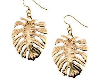 Handmade Nu Gold Brass Monstera Leaf Earrings: Tropical Statement Jewelry