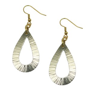 A Pair of Chased Aluminum Open Teardrop Earrings on a White Background