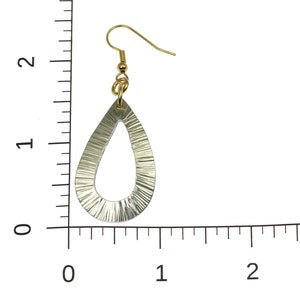 Chased Aluminum Open Teardrop Earrings on a Ruler for Size Dimensions