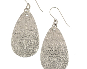 Damask Embossed Large Teardrop Aluminum Earrings, Silver Tone Arabesque Earrings, Aluminum Moroccan Earrings, 10th Wedding Anniversary Gifts