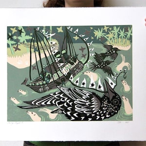 Starling and Ship Woodcut