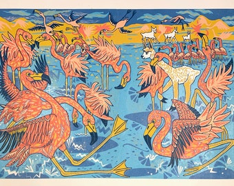 Large Flamingo Woodcut