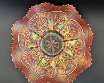 Antique Fenton Marigold Peacock and Grape Carnival Glass Ruffled Bowl