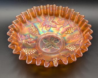 Vintage Fenton Marigold Carnival Glass (Grape and Leaf Ruffled Bowl