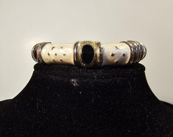 Vintage Enamel Black, Cream & Gold Tone Clamper Bracelet 2 Inch Inside