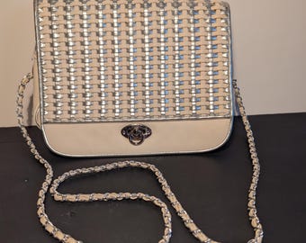 Basket-weave White and Silver Metallic Crossbody Purse