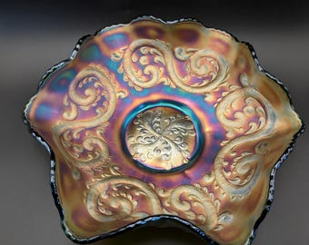 Antique Fenton Feathered Serpent Carnival Glass Bowl – Green Base, Intense Iridescence (Circa 1910s)