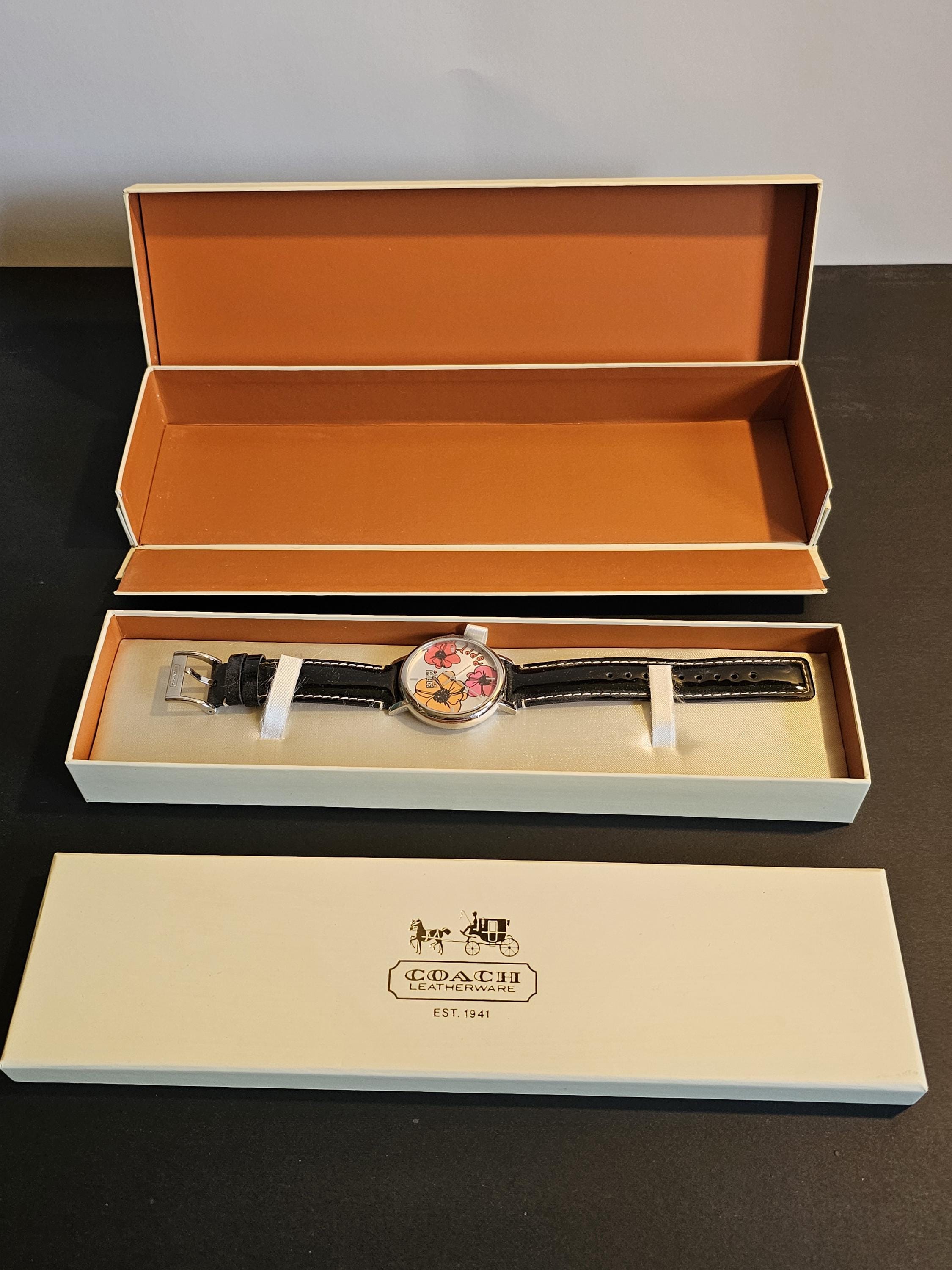Coach Poppies Watch W/black Leather Band Item in Original Box