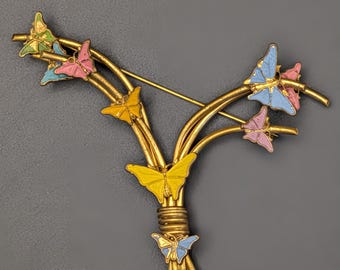 Vintage Butterfly Brooch w/delicate Gold-toned Metal Work and Colorful Enamel Wings