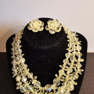 Vintage West Germany Set of Clip-on Earrings and Matching faceted yellow beaded multi-strand necklace