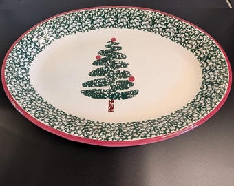 Vintage Furio Italy Christmas Tree Platter, Green Spongeware Ceramic Serving Tray